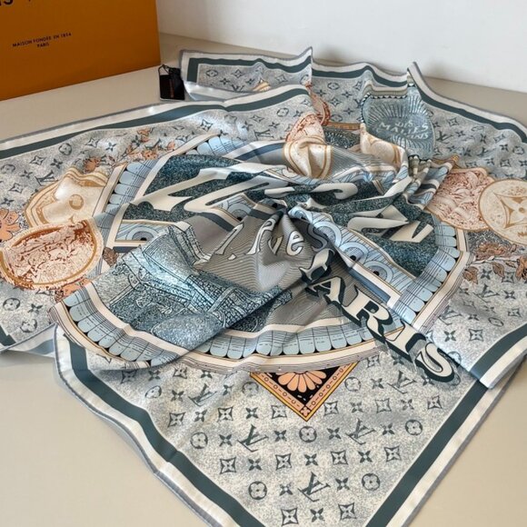 Silk Scarf – "1, Rue Scribe Paris" Print, Blue & Gray Tones - Picture 3 of 4